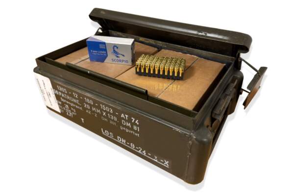 9mm Luger STV Scorpio 7,5g / 115grs FMJ 9x19 2000 Stück in der Munitionskiste